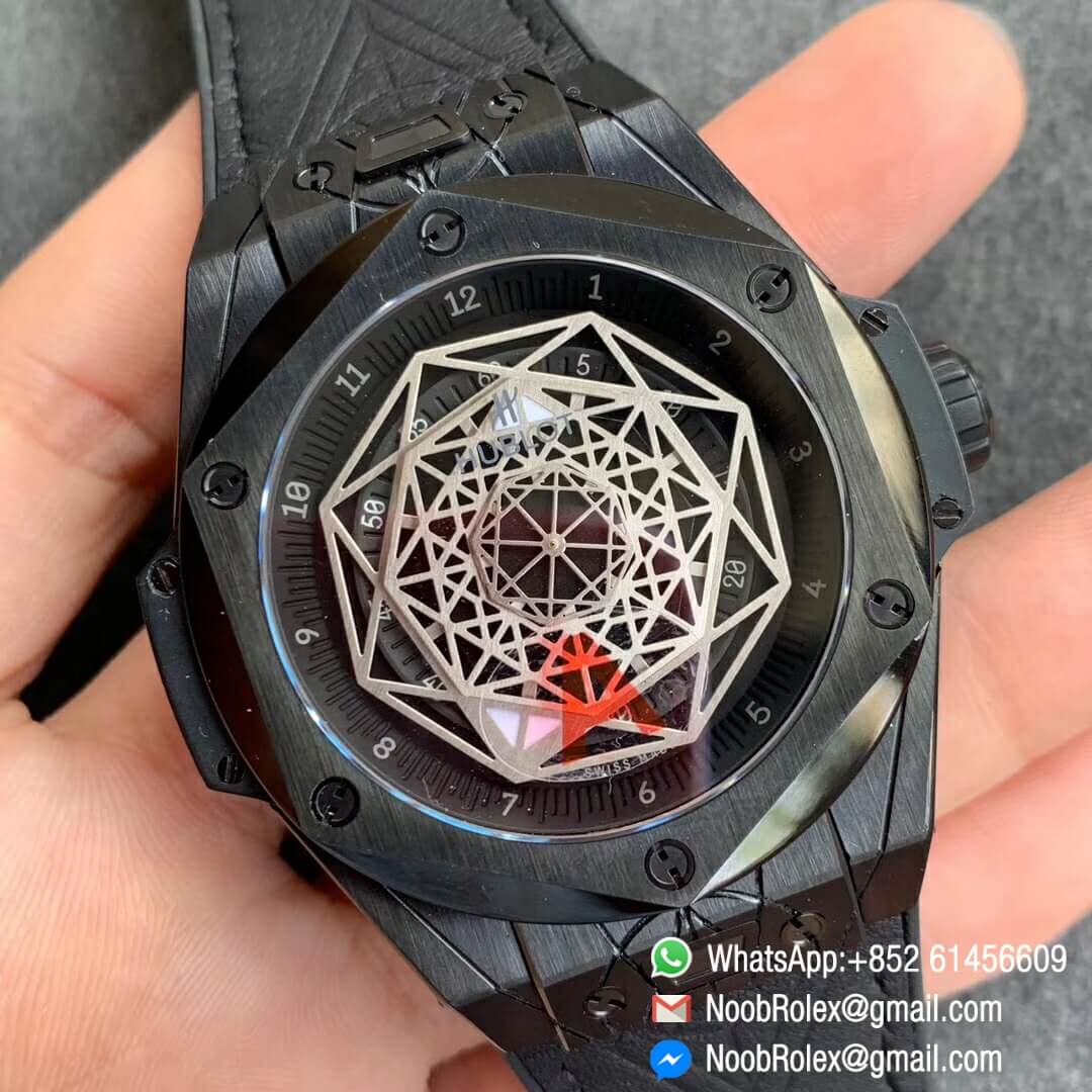 Noob Watch Time WWF Super Fake Big Bang Sang Bleu All Black Titanium Case Black Bezel Black Skeletonal Dial On Black Gummy Strap Asian HB1213 02