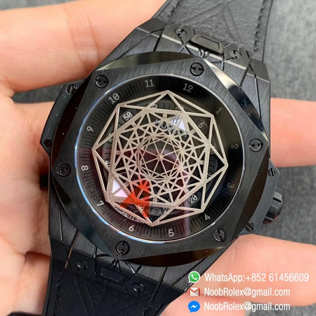 Noob Watch Time WWF Super Fake Big Bang Sang Bleu All Black Titanium Case Black Bezel Black Skeletonal Dial On Black Gummy Strap Asian HB1213 03
