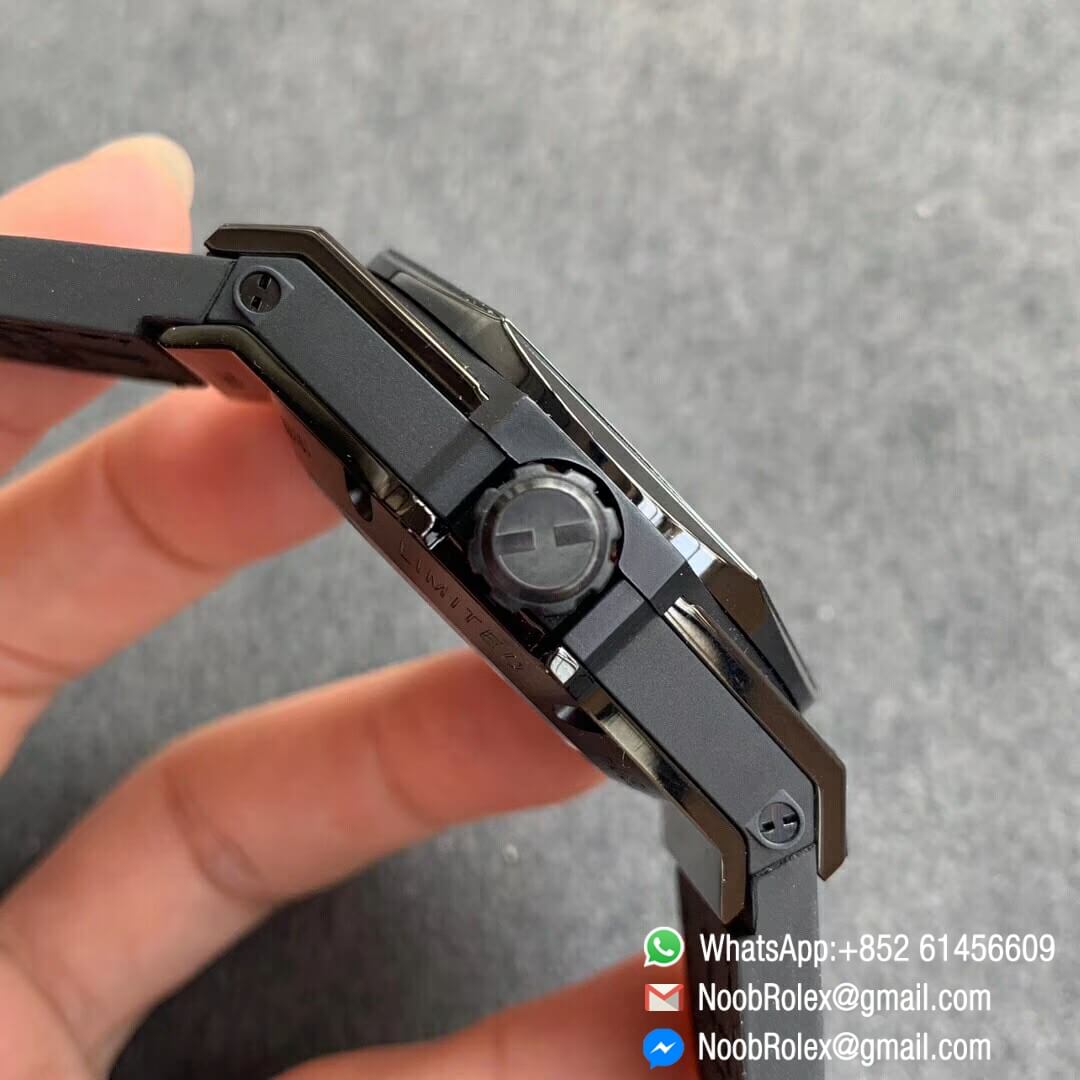 Noob Watch Time WWF Super Fake Big Bang Sang Bleu All Black Titanium Case Black Bezel Black Skeletonal Dial On Black Gummy Strap Asian HB1213 04