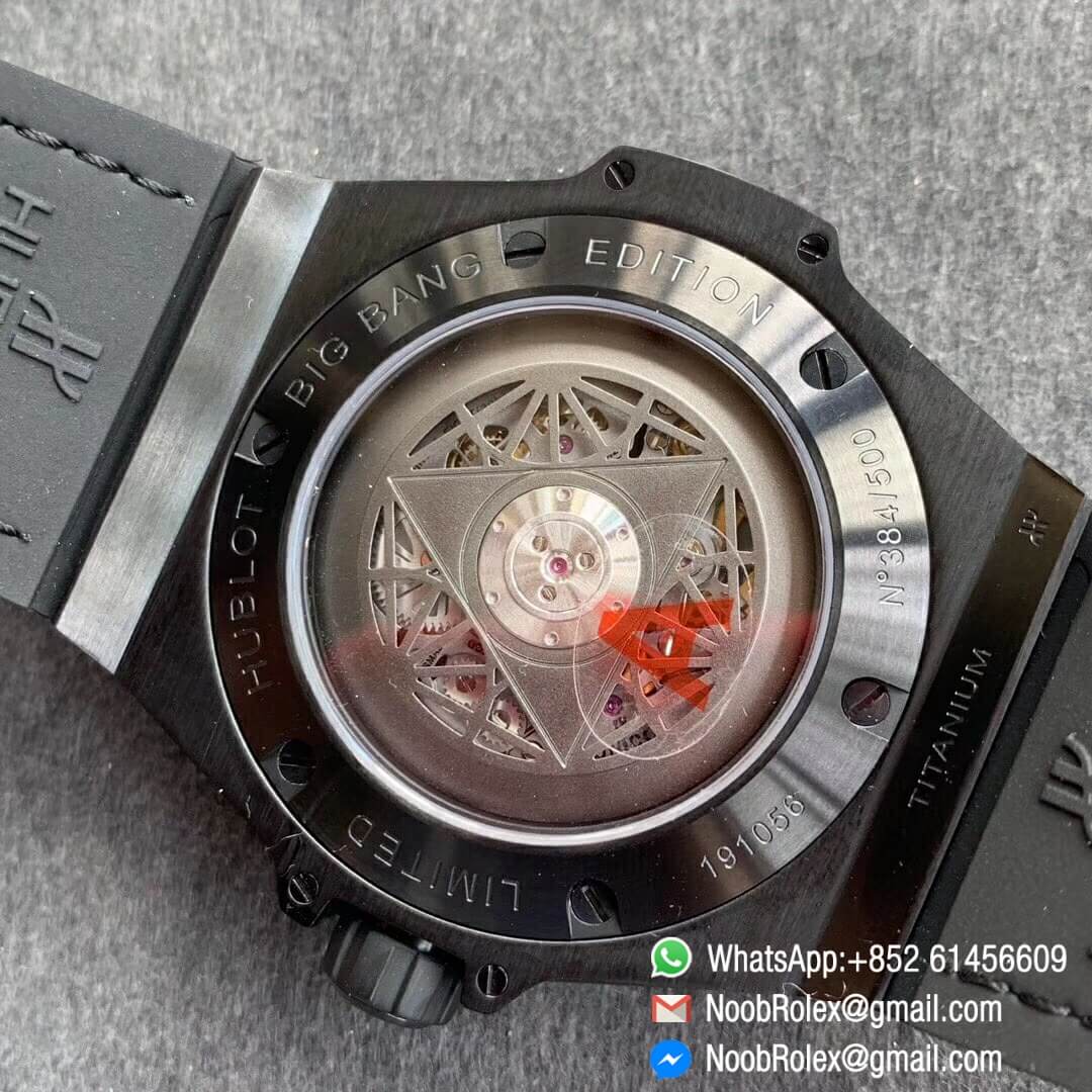 Noob Watch Time WWF Super Fake Big Bang Sang Bleu All Black Titanium Case Black Bezel Black Skeletonal Dial On Black Gummy Strap Asian HB1213 08