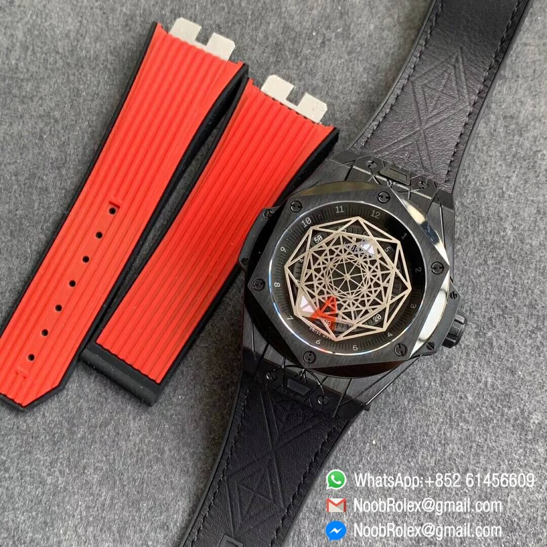 Noob Watch Time WWF Super Fake Big Bang Sang Bleu All Black Titanium Case Black Bezel Black Skeletonal Dial On Black Gummy Strap Asian HB1213 09