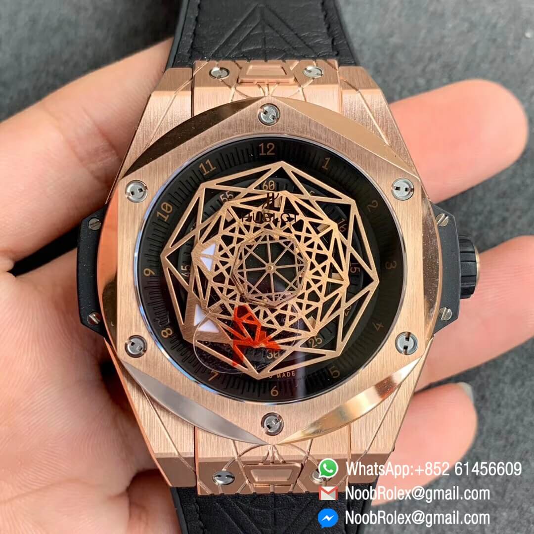 Noob Watch Time WWF Super Fake Big Bang Sang Bleu Rose Gold Plated Titanium Case Black Skeletonal Dial On Black Gummy Strap Asian HB1213 01