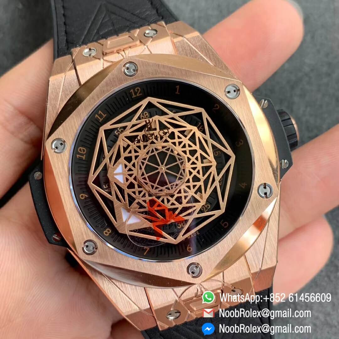 Noob Watch Time WWF Super Fake Big Bang Sang Bleu Rose Gold Plated Titanium Case Black Skeletonal Dial On Black Gummy Strap Asian HB1213 02