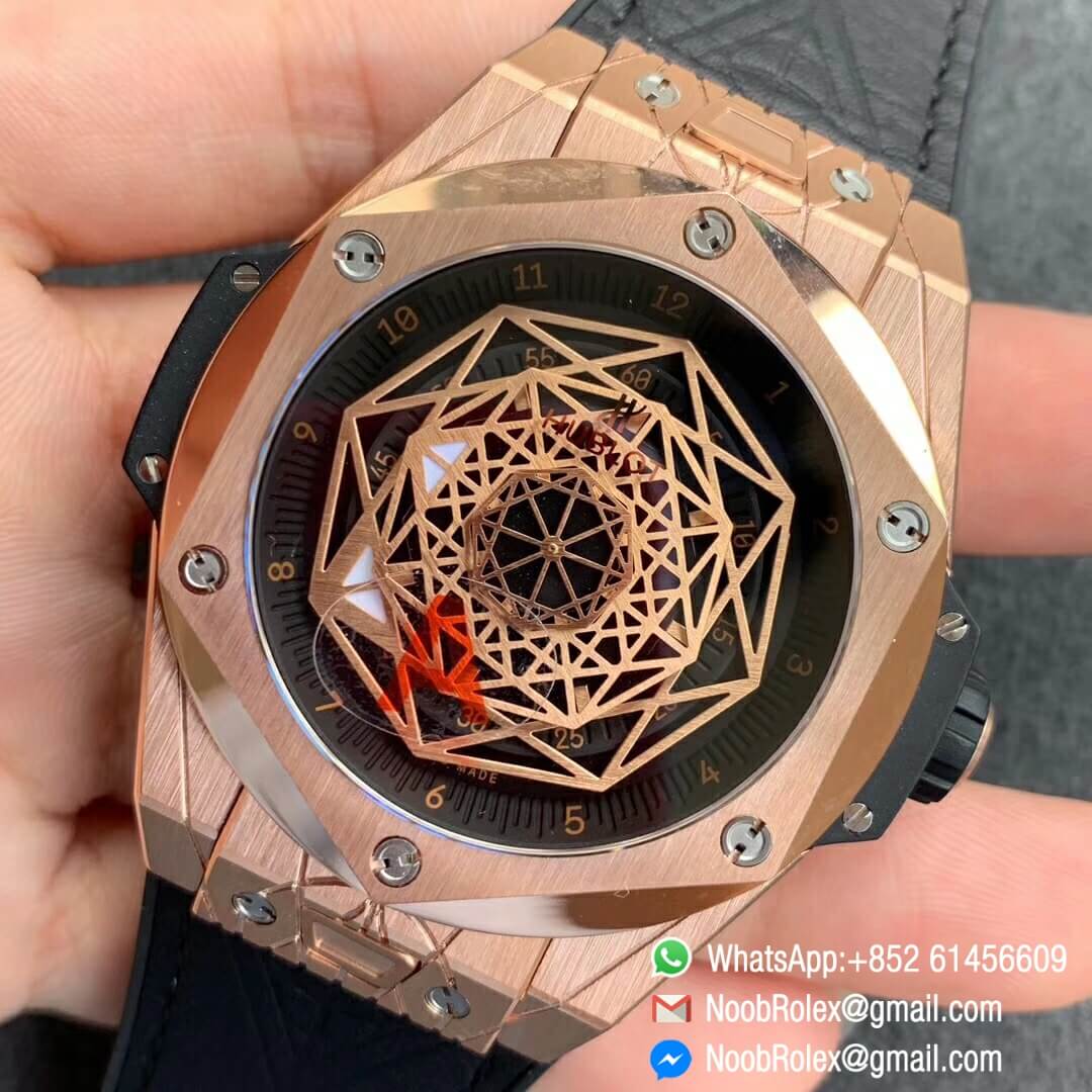 Noob Watch Time WWF Super Fake Big Bang Sang Bleu Rose Gold Plated Titanium Case Black Skeletonal Dial On Black Gummy Strap Asian HB1213 03