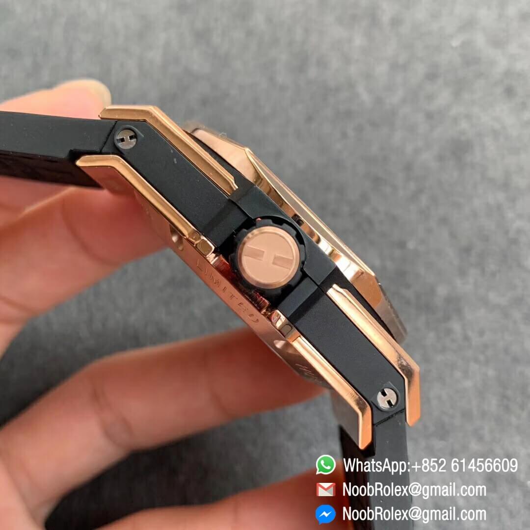 Noob Watch Time WWF Super Fake Big Bang Sang Bleu Rose Gold Plated Titanium Case Black Skeletonal Dial On Black Gummy Strap Asian HB1213 04