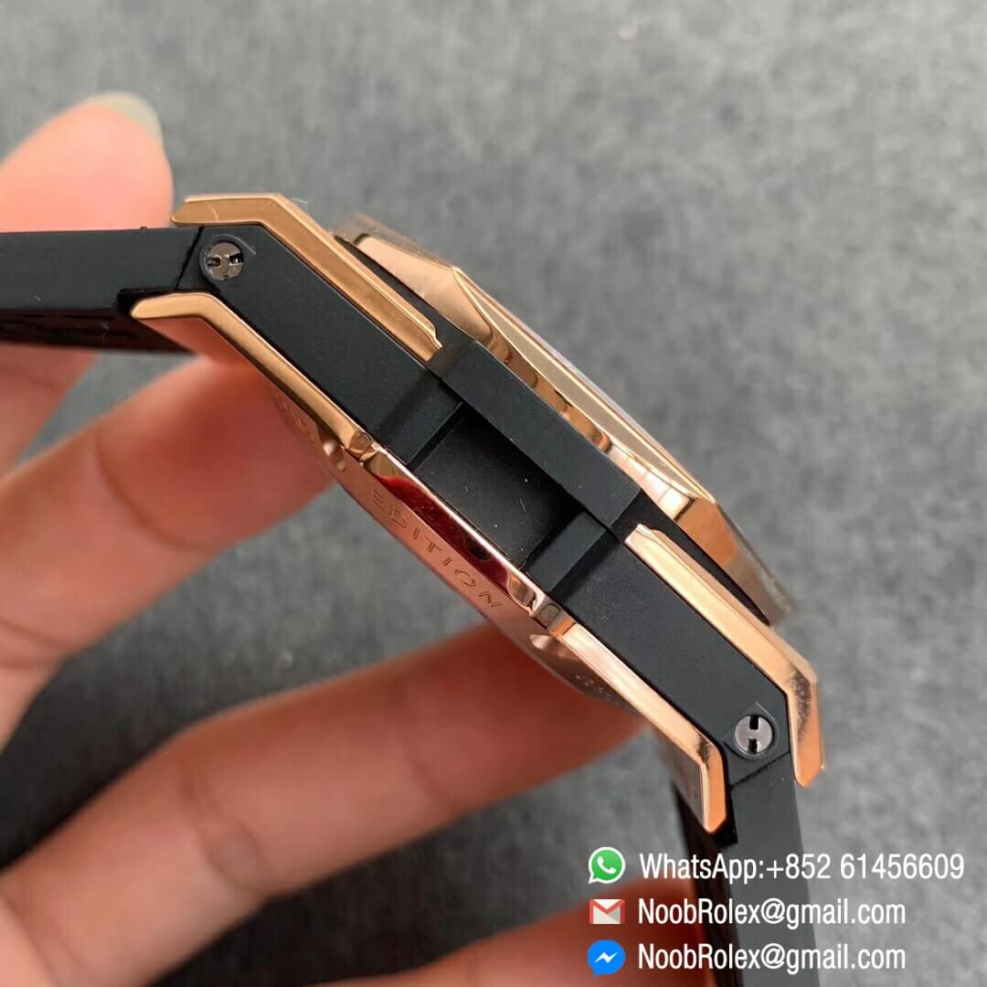 Noob Watch Time WWF Super Fake Big Bang Sang Bleu Rose Gold Plated Titanium Case Black Skeletonal Dial On Black Gummy Strap Asian HB1213 05