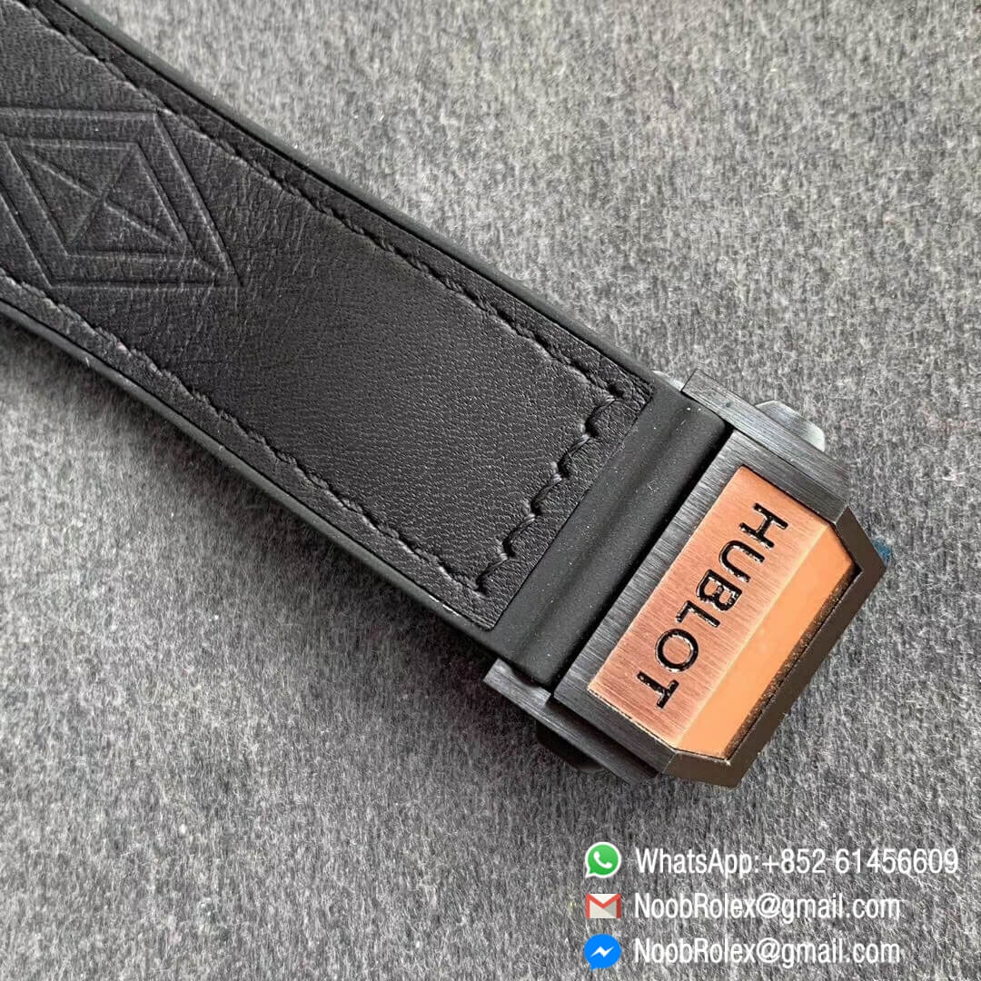 Noob Watch Time WWF Super Fake Big Bang Sang Bleu Rose Gold Plated Titanium Case Black Skeletonal Dial On Black Gummy Strap Asian HB1213 06