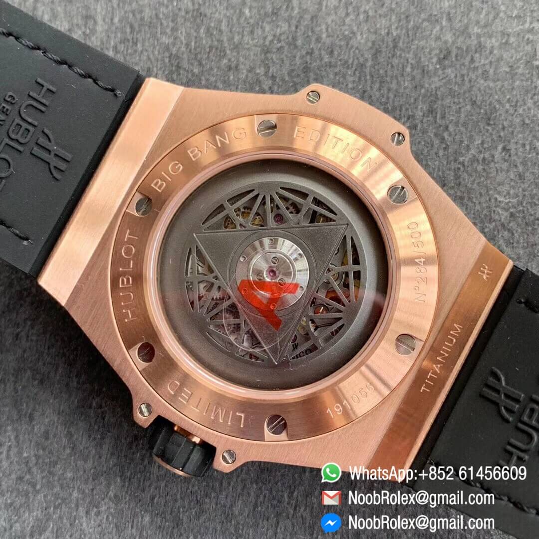 Noob Watch Time WWF Super Fake Big Bang Sang Bleu Rose Gold Plated Titanium Case Black Skeletonal Dial On Black Gummy Strap Asian HB1213 08