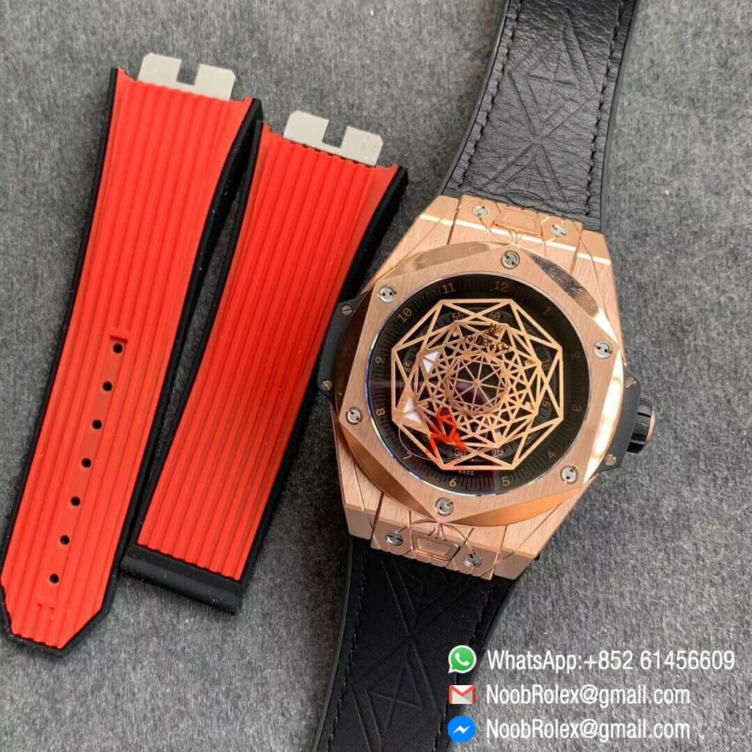 Noob Watch Time WWF Super Fake Big Bang Sang Bleu Rose Gold Plated Titanium Case Black Skeletonal Dial On Black Gummy Strap Asian HB1213 09