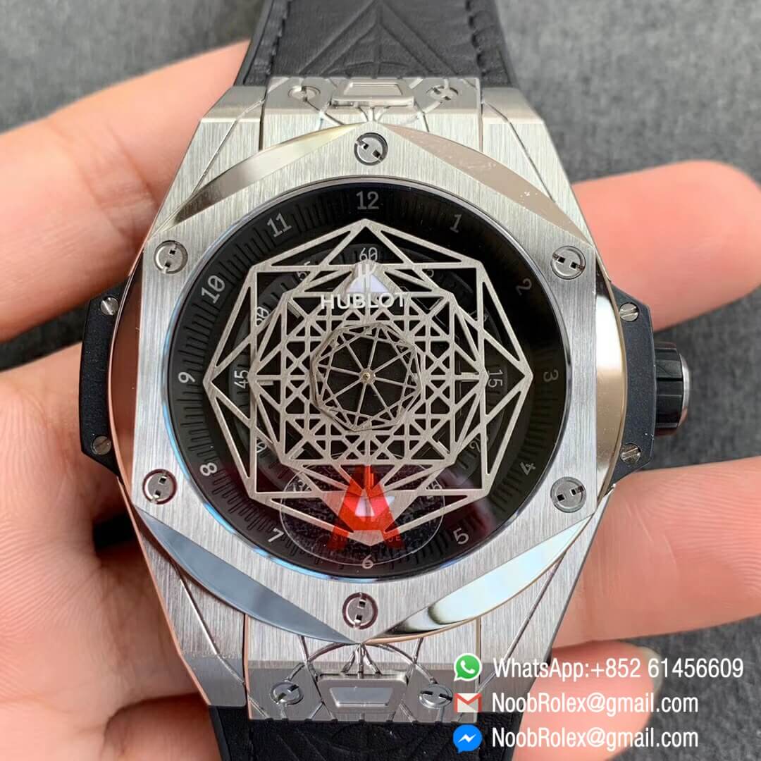 Noob Watch Time WWF Super Fake Big Bang Sang Bleu Titanium Case Black Skeletonal Dial On Blue Gummy Strap Asian HB1213 01