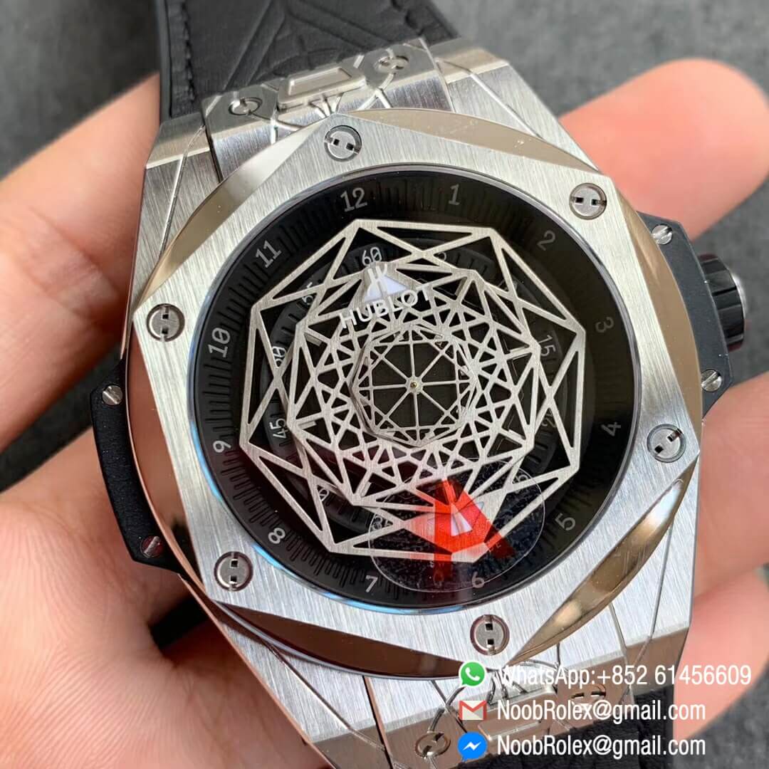 Noob Watch Time WWF Super Fake Big Bang Sang Bleu Titanium Case Black Skeletonal Dial On Blue Gummy Strap Asian HB1213 02