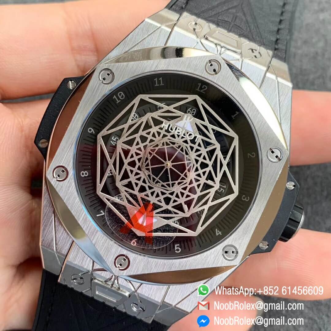 Noob Watch Time WWF Super Fake Big Bang Sang Bleu Titanium Case Black Skeletonal Dial On Blue Gummy Strap Asian HB1213 03
