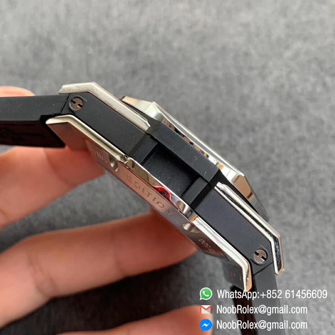 Noob Watch Time WWF Super Fake Big Bang Sang Bleu Titanium Case Black Skeletonal Dial On Blue Gummy Strap Asian HB1213 05