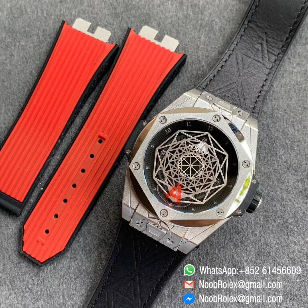 Noob Watch Time WWF Super Fake Big Bang Sang Bleu Titanium Case Black Skeletonal Dial On Blue Gummy Strap Asian HB1213 09