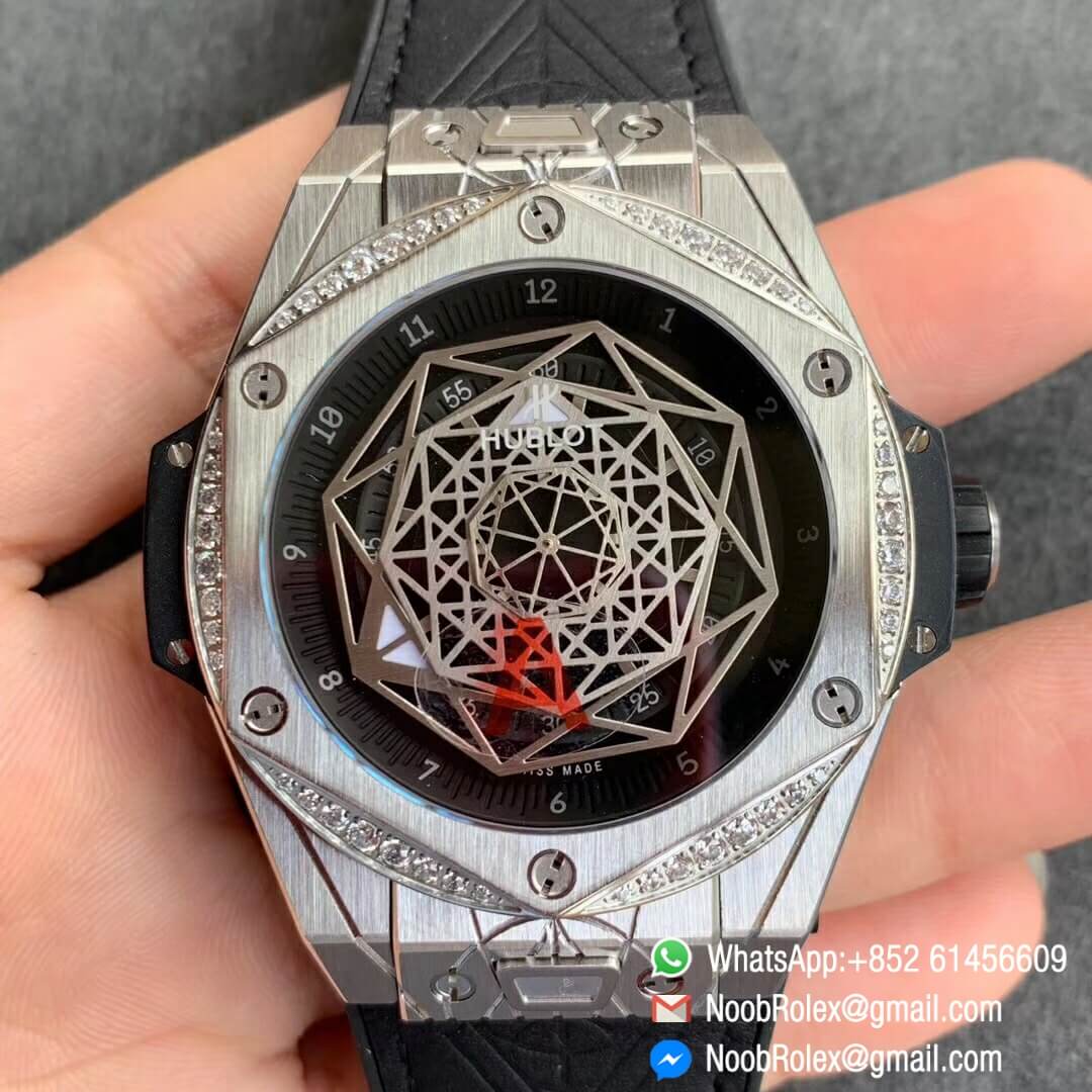 Noob Watch Time WWF Super Fake Big Bang Sang Bleu Titanium Case Black with Diamonds Bezel Skeletonal Dial On Blue Gummy Strap Asian HB1213 01