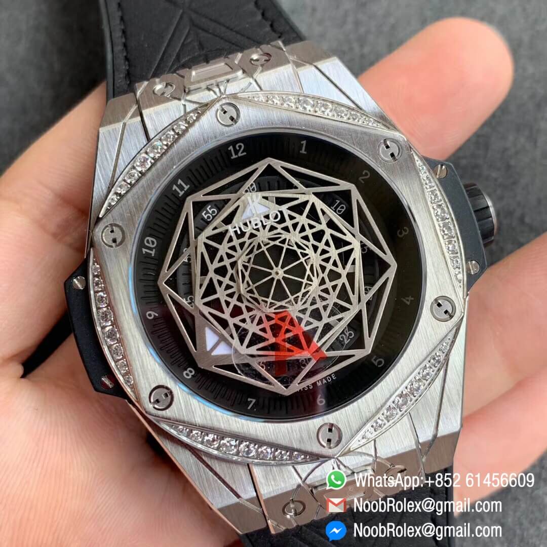 Noob Watch Time WWF Super Fake Big Bang Sang Bleu Titanium Case Black with Diamonds Bezel Skeletonal Dial On Blue Gummy Strap Asian HB1213 02