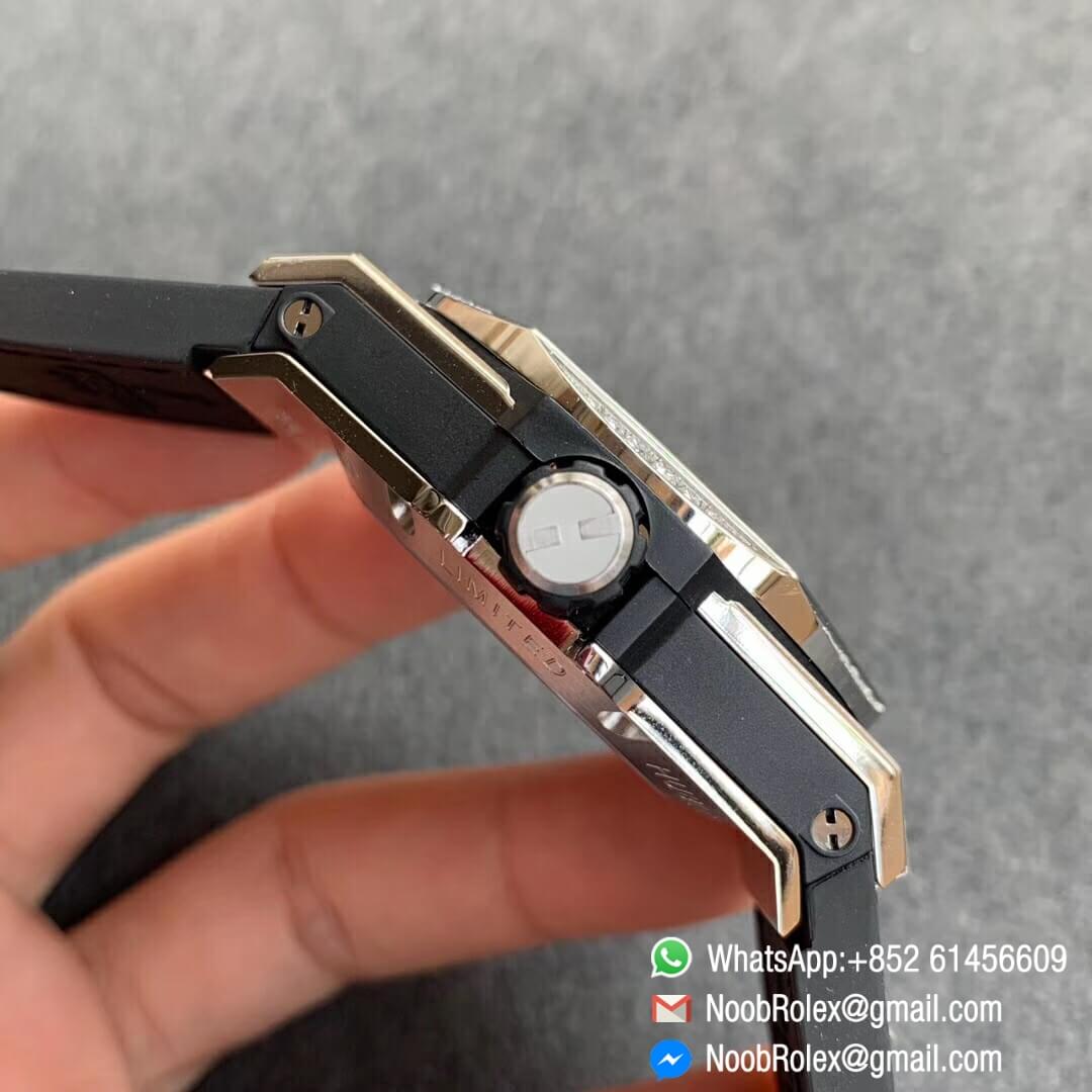 Noob Watch Time WWF Super Fake Big Bang Sang Bleu Titanium Case Black with Diamonds Bezel Skeletonal Dial On Blue Gummy Strap Asian HB1213 04