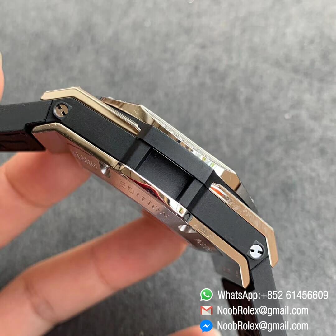 Noob Watch Time WWF Super Fake Big Bang Sang Bleu Titanium Case Black with Diamonds Bezel Skeletonal Dial On Blue Gummy Strap Asian HB1213 05