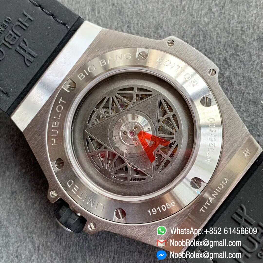 Noob Watch Time WWF Super Fake Big Bang Sang Bleu Titanium Case Black with Diamonds Bezel Skeletonal Dial On Blue Gummy Strap Asian HB1213 08