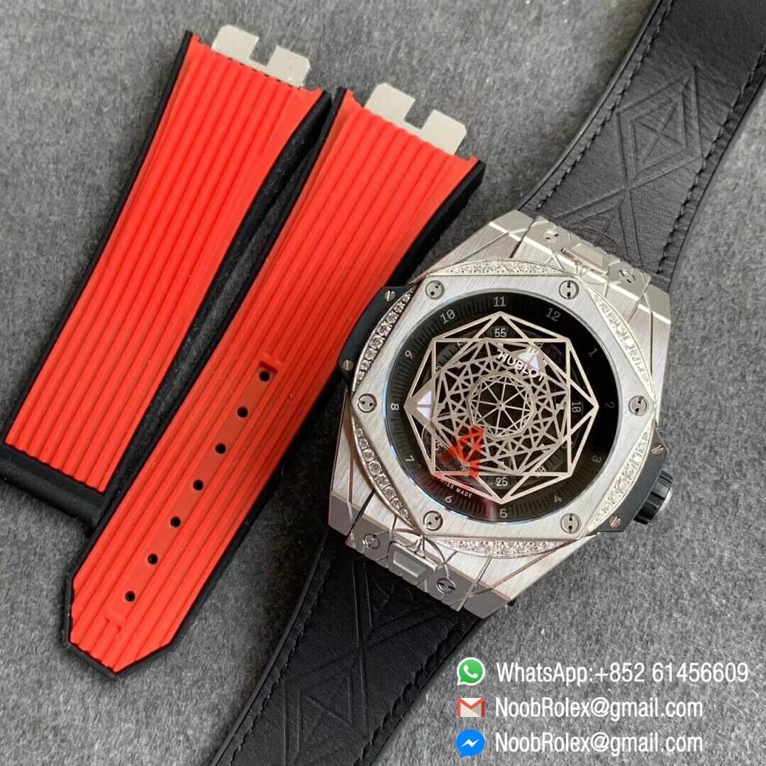 Noob Watch Time WWF Super Fake Big Bang Sang Bleu Titanium Case Black with Diamonds Bezel Skeletonal Dial On Blue Gummy Strap Asian HB1213 09