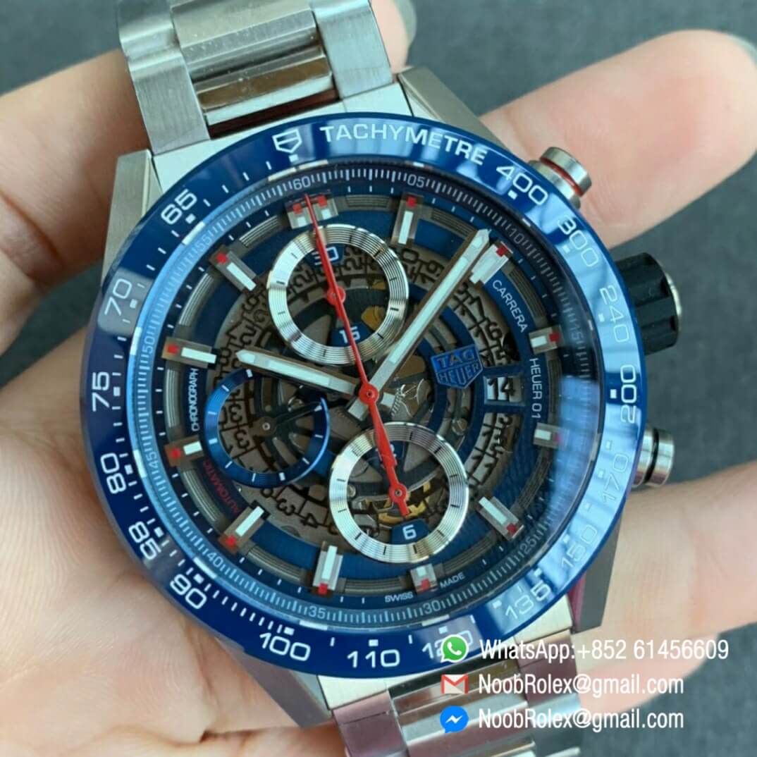 Noob Watch Time XF Top Fake Tag Heuer Carrera Heuer 01 Chrono 43mm Blue Ceramic Bezel Skeleton Dial Steel Case Bracelet A1887 02