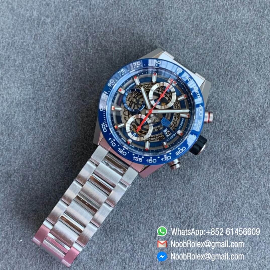 Noob Watch Time XF Top Fake Tag Heuer Carrera Heuer 01 Chrono 43mm Blue Ceramic Bezel Skeleton Dial Steel Case Bracelet A1887 09
