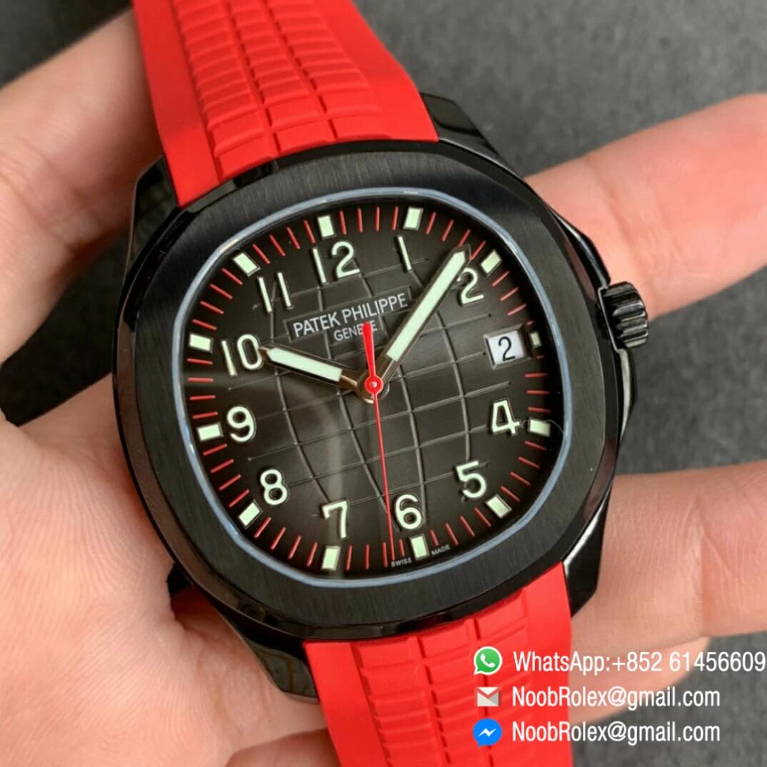 Noob Watch Time ZF Superclone Patek Philippe Aquanaut Black Venom DLC Black Dial on Red Rubber Strap 324CS 02