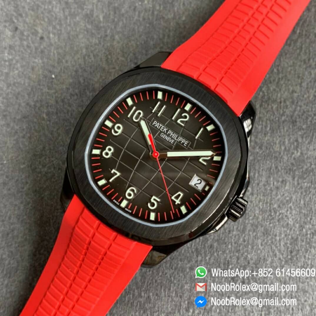 Noob Watch Time ZF Superclone Patek Philippe Aquanaut Black Venom DLC Black Dial on Red Rubber Strap 324CS 09