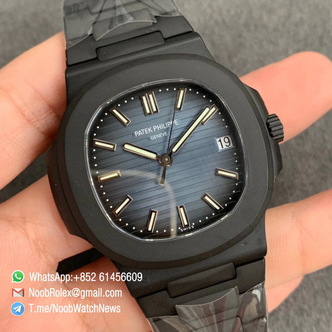 PPF Superclone Patek Philippe Nautilus 5711 PVD All Black Steel Case Blue Textured Dial on PVD Bracelet 324CS V4 02