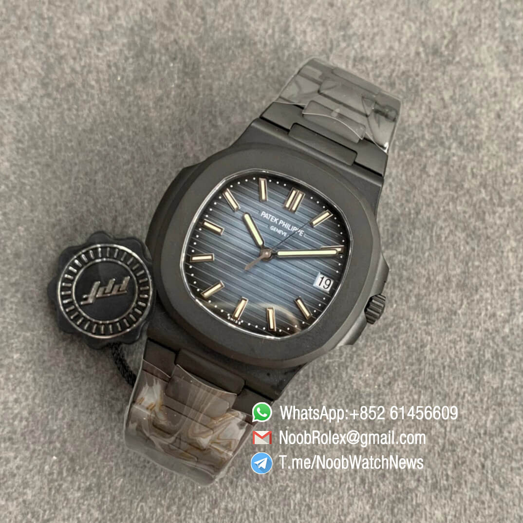 PPF Superclone Patek Philippe Nautilus 5711 PVD All Black Steel Case Blue Textured Dial on PVD Bracelet 324CS V4 09