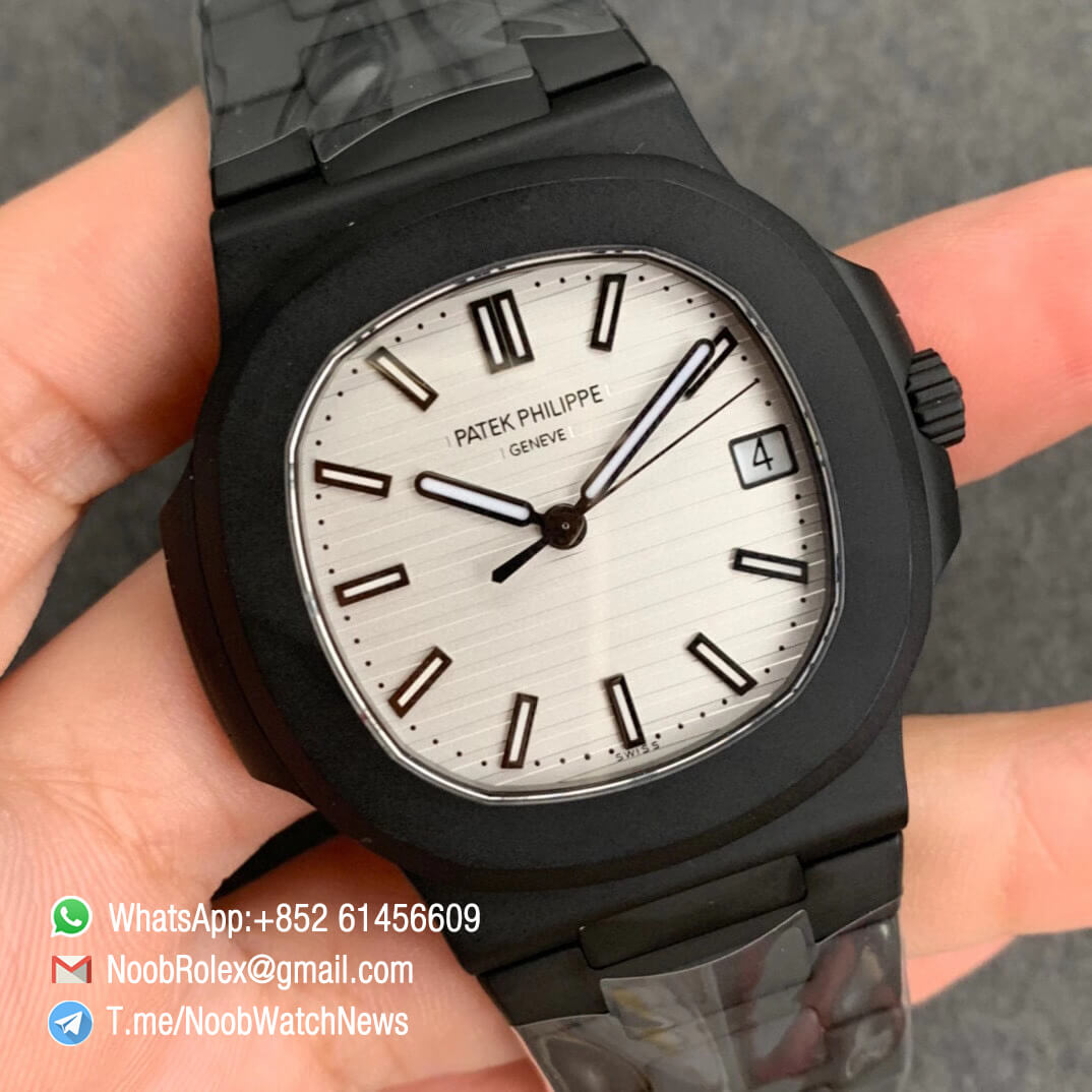 PPF Superclone Patek Philippe Nautilus 5711 PVD All Black Steel Case White Textured Dial on PVD Bracelet 324CS V4 02