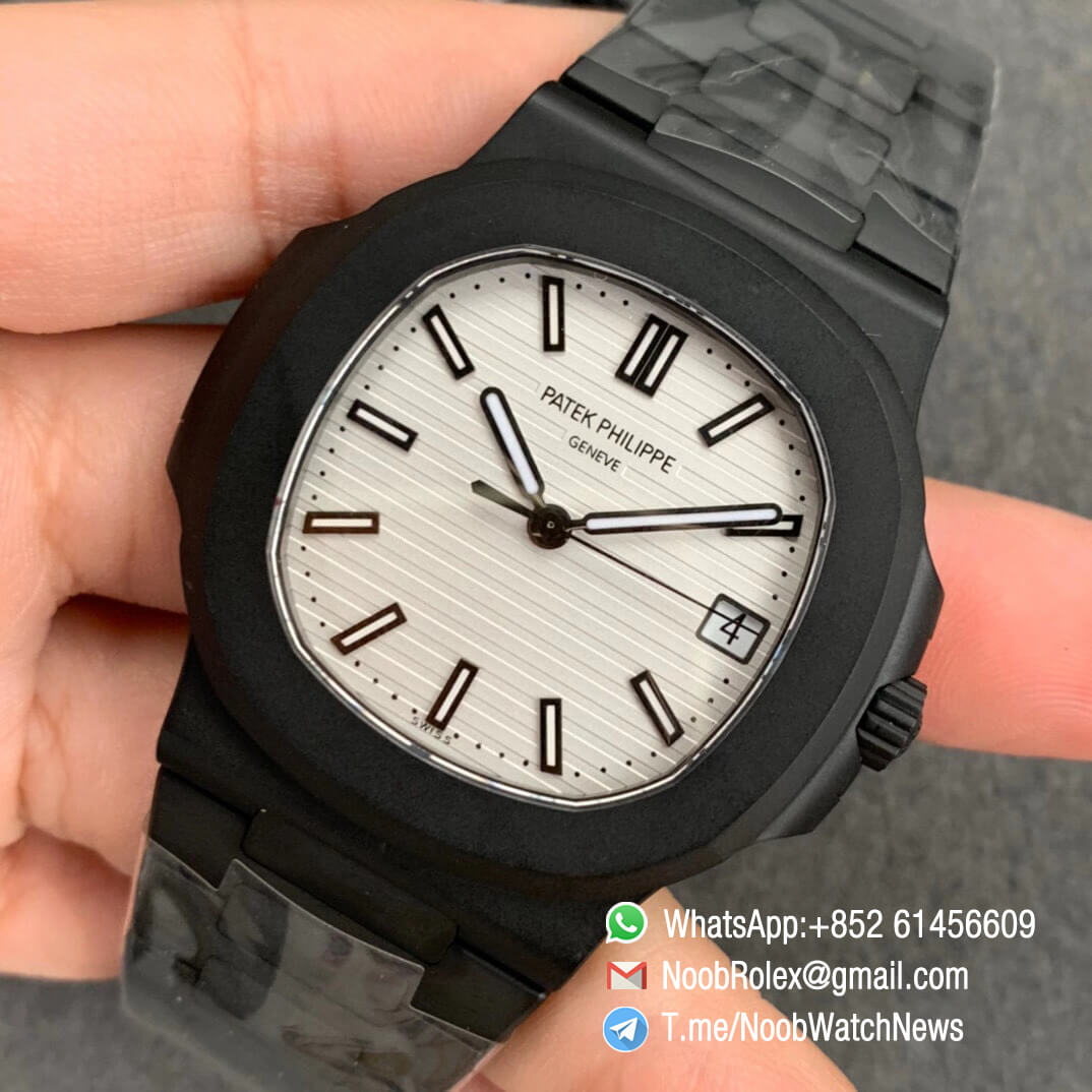 PPF Superclone Patek Philippe Nautilus 5711 PVD All Black Steel Case White Textured Dial on PVD Bracelet 324CS V4 03