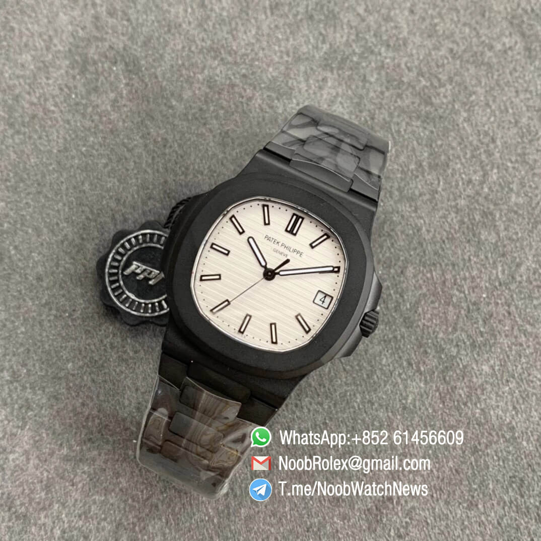 PPF Superclone Patek Philippe Nautilus 5711 PVD All Black Steel Case White Textured Dial on PVD Bracelet 324CS V4 09