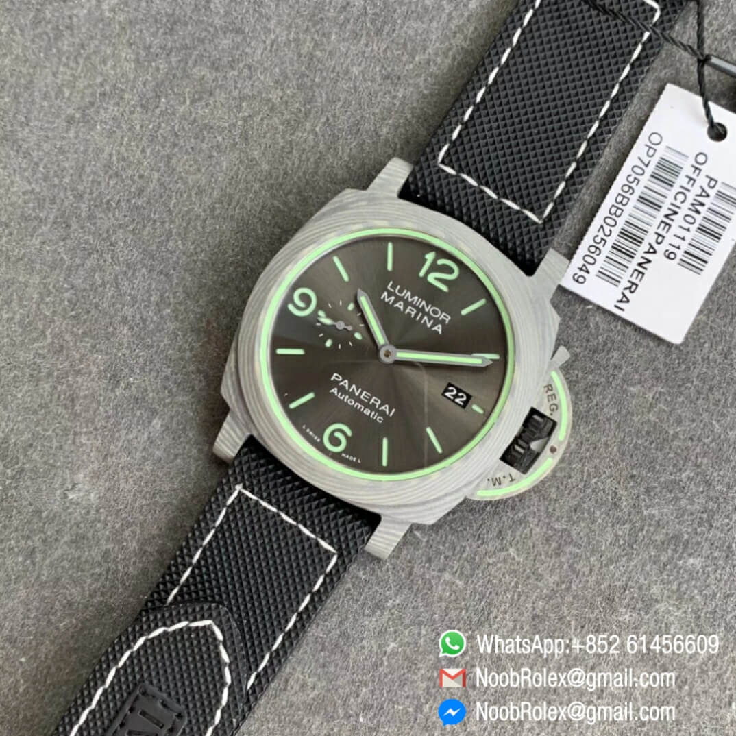 VSF Superclone Panerai Luminor Marina PAM01119 44mm Carbon Case Dark Grey Dial on Black Kevlar Composite Strap P9010 Clone Movement 09