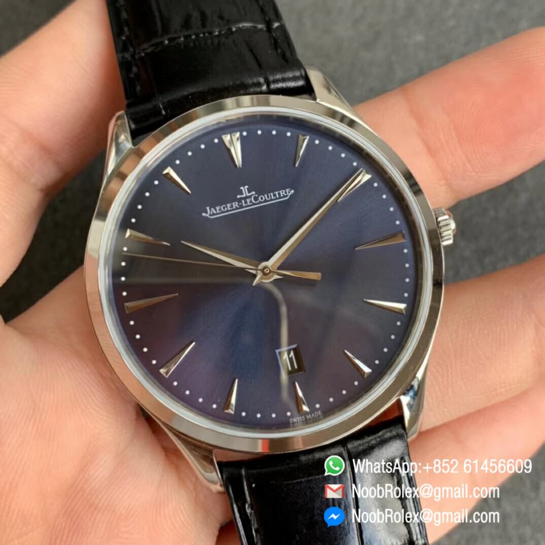FKF Super Clone Watch Jaeger LeCoultre Master Ultra Thin Date Blue Dial on Black Leather Strap A898 02