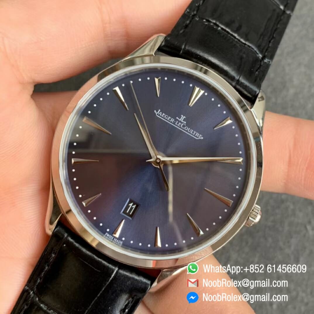 FKF Super Clone Watch Jaeger LeCoultre Master Ultra Thin Date Blue Dial on Black Leather Strap A898 03