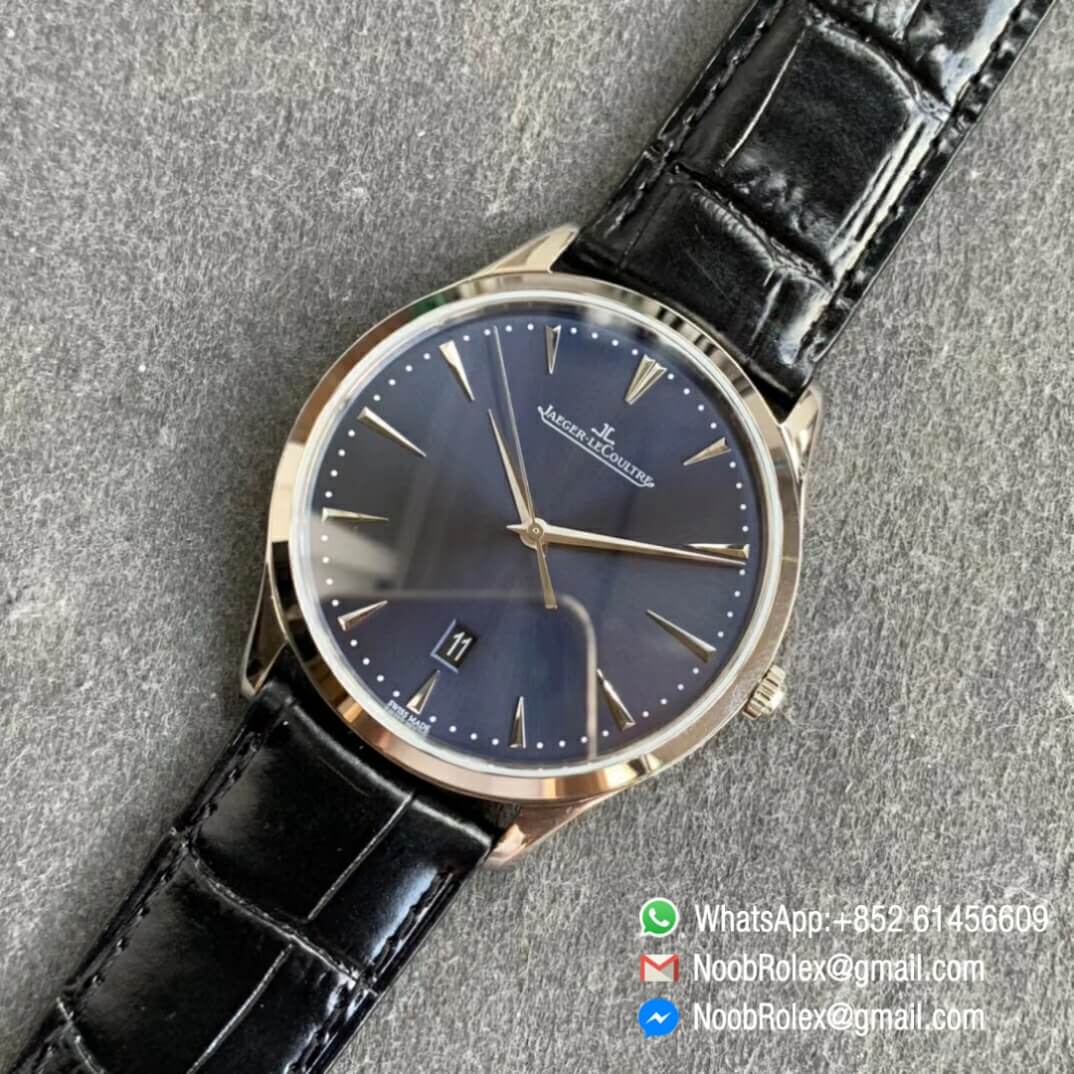 FKF Super Clone Watch Jaeger LeCoultre Master Ultra Thin Date Blue Dial on Black Leather Strap A898 09
