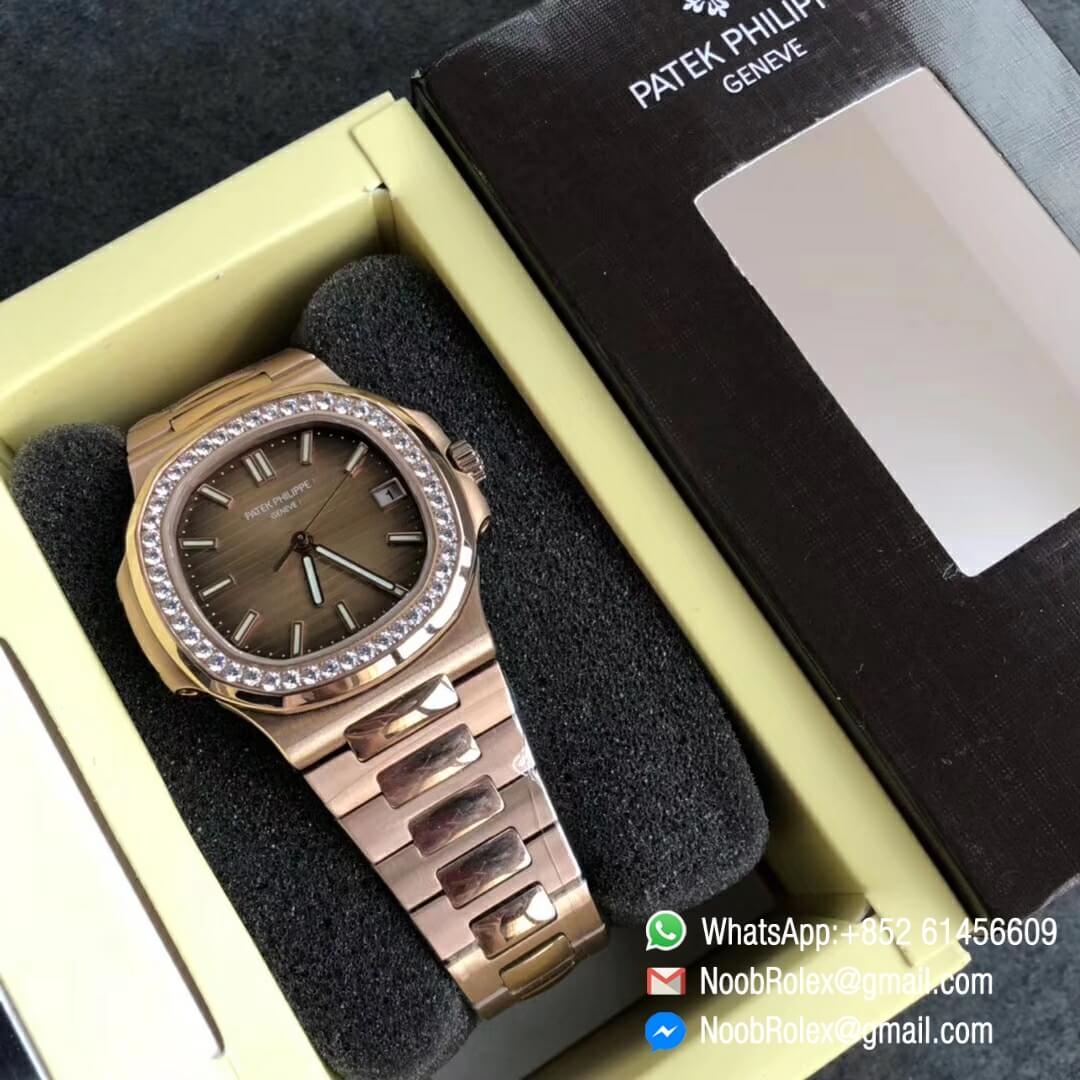 Noob Watch Time PPF V3 Best Fake Patek Philippe Nautilus 5711 Brown Dial Diamonds Bezel on Rose Gold Case Bracelet 324CS 10