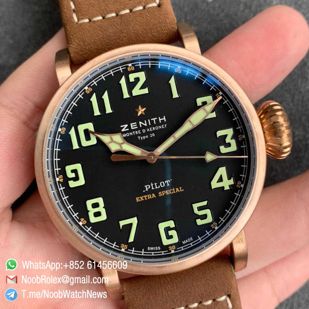 XF V2 Superclone Zenith Flying Instruments Montre DAeronef Type 20 Pilot Extra Special Black Dial Bronze Case Brown Leather A2824 02