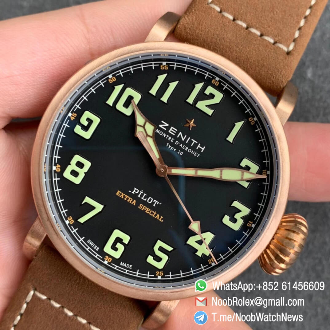 XF V2 Superclone Zenith Flying Instruments Montre DAeronef Type 20 Pilot Extra Special Black Dial Bronze Case Brown Leather A2824 03