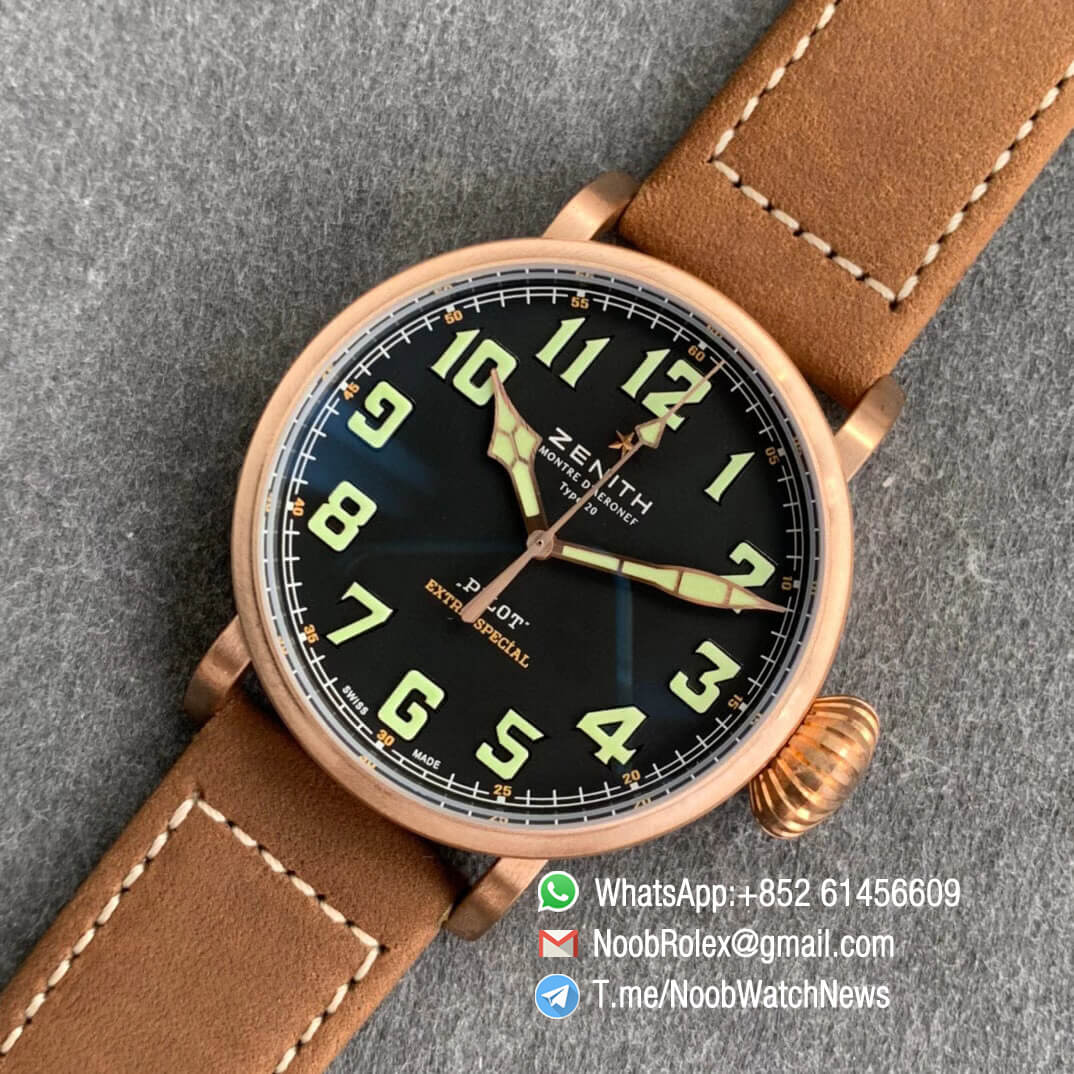XF V2 Superclone Zenith Flying Instruments Montre DAeronef Type 20 Pilot Extra Special Black Dial Bronze Case Brown Leather A2824 09