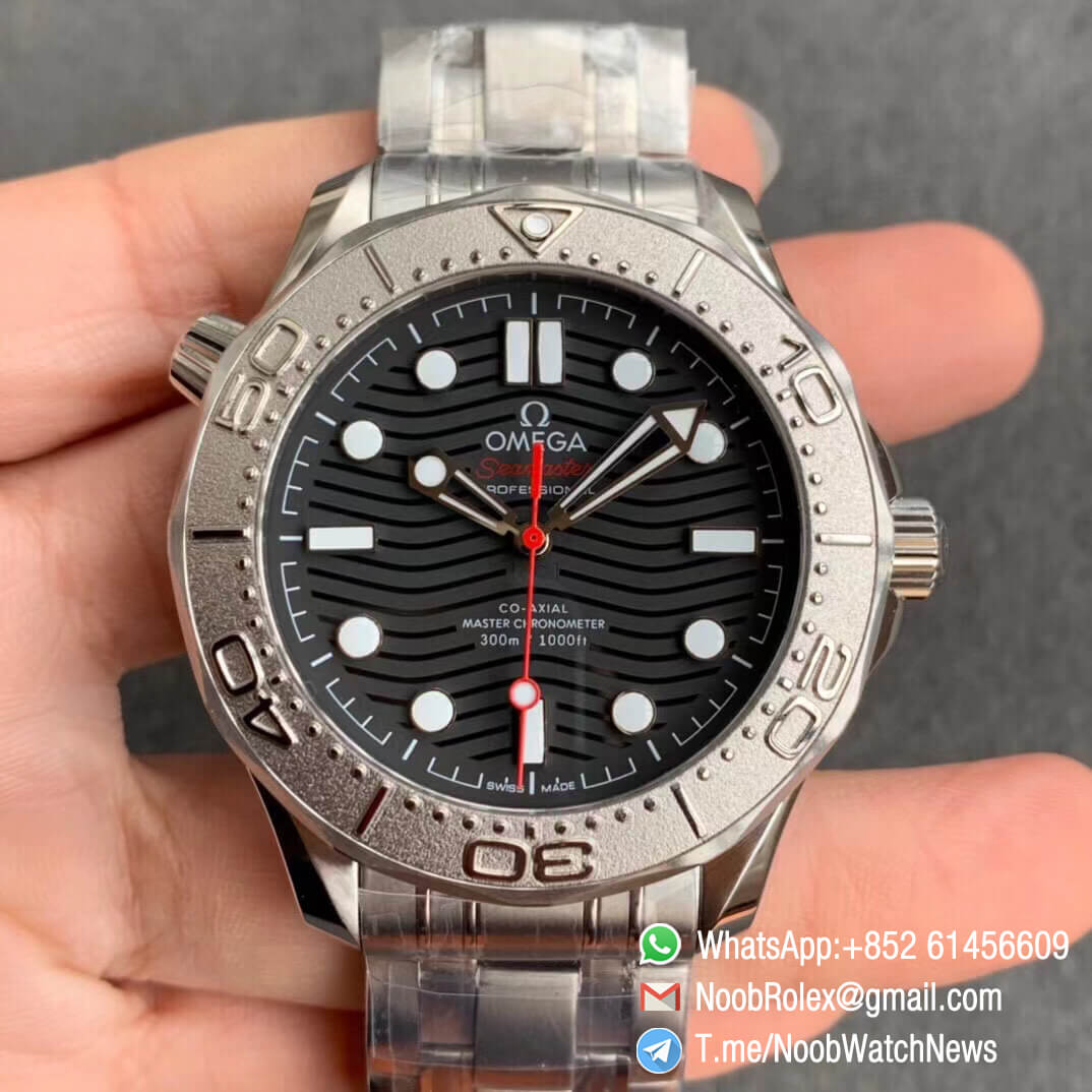VSF Best Clone Watch Omega Seamaster Diver 300M Nekton Black Wave Textured Dial Titanium Bezel on Steel Bracelet A8806 01