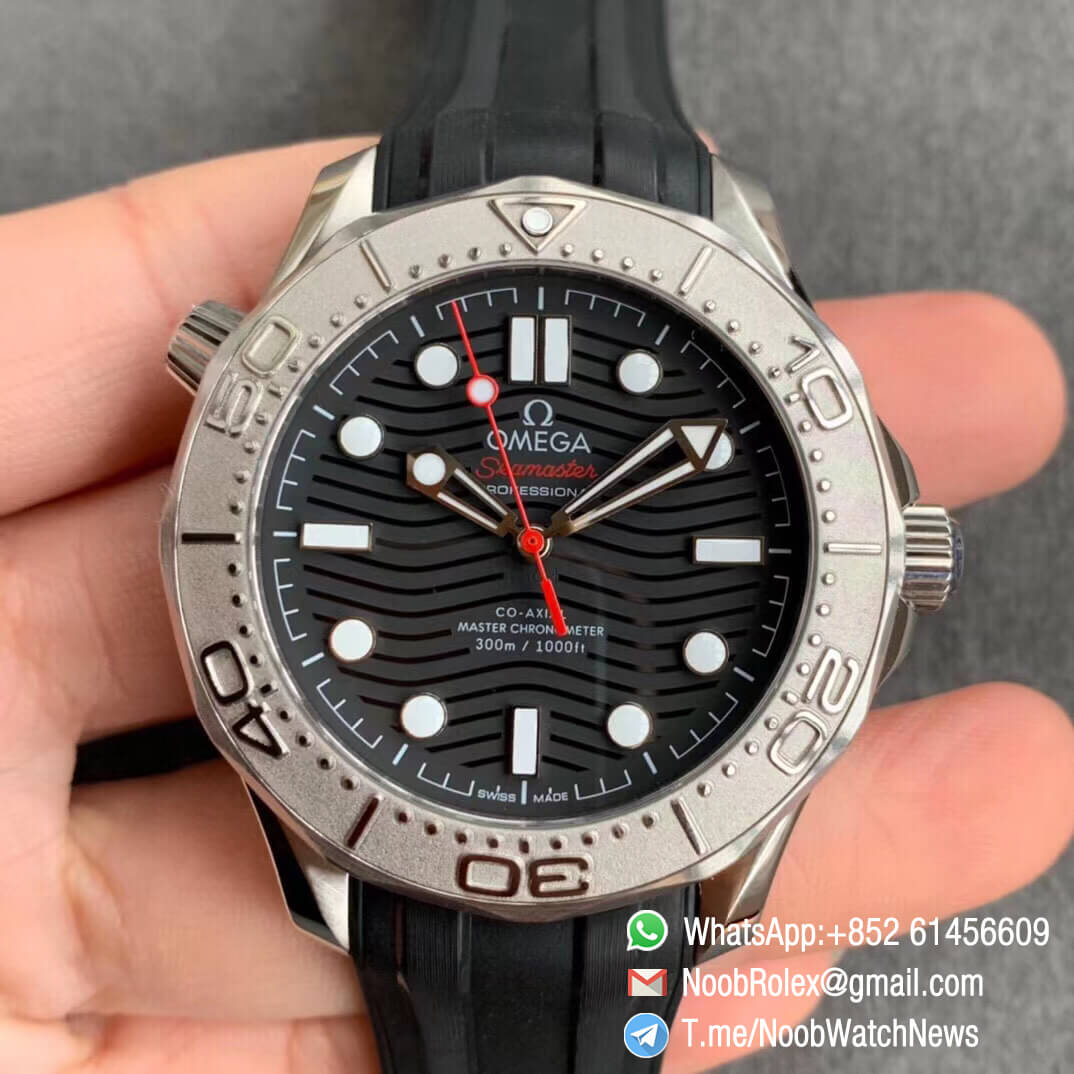 VSF SuperClone Watch Omega Seamaster Diver 300M Nekton Black Wave Textured Dial Titanium Bezel on Rubber Strap A8806 01