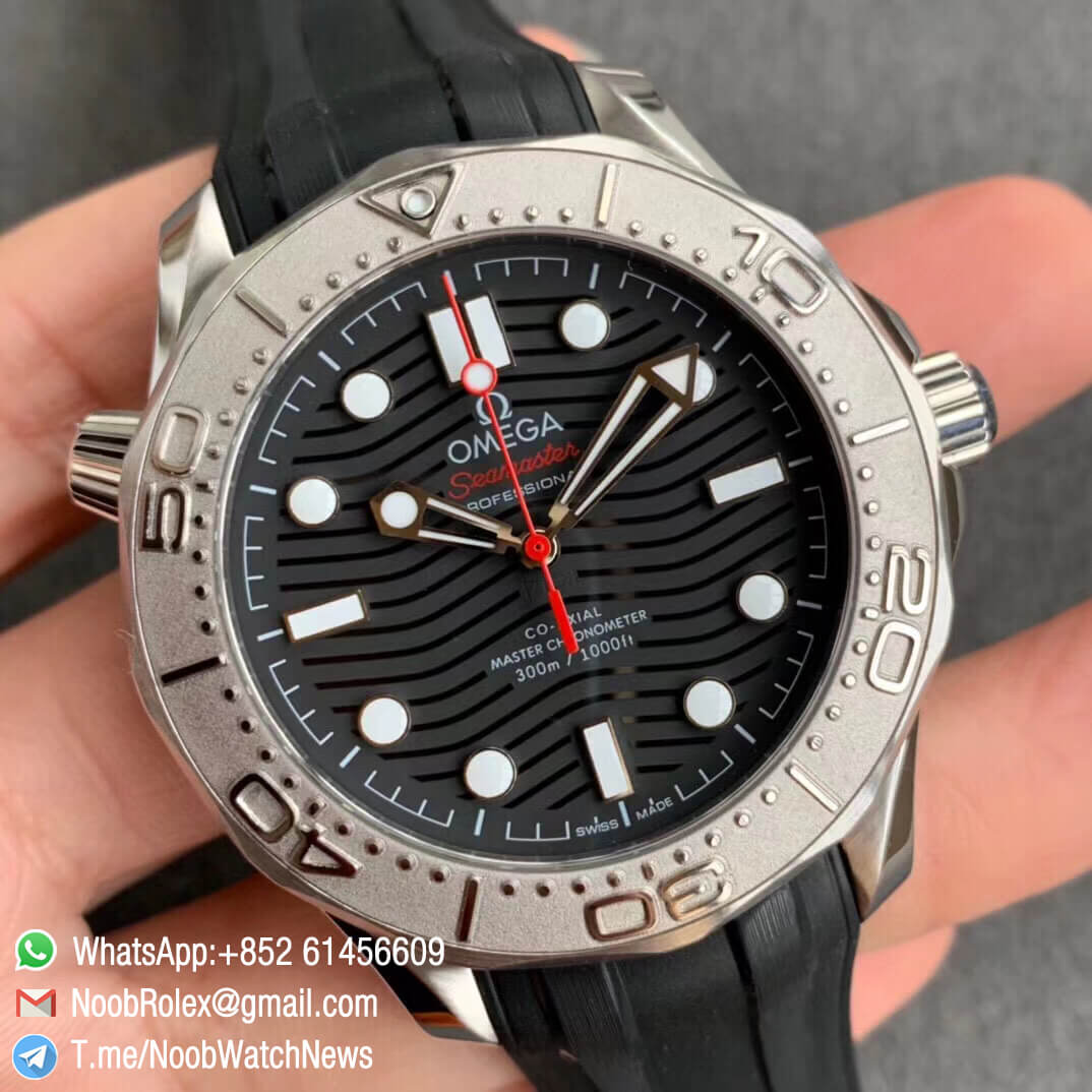 VSF SuperClone Watch Omega Seamaster Diver 300M Nekton Black Wave Textured Dial Titanium Bezel on Rubber Strap A8806 02