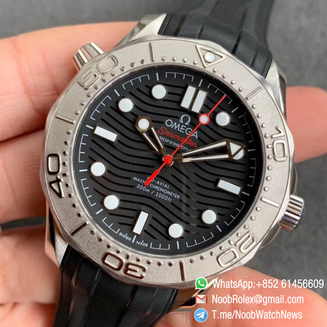 VSF SuperClone Watch Omega Seamaster Diver 300M Nekton Black Wave Textured Dial Titanium Bezel on Rubber Strap A8806 03