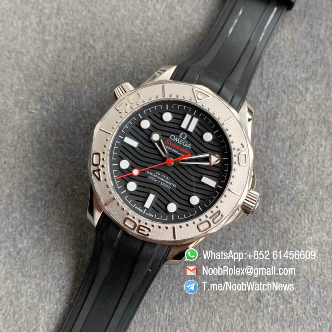 VSF SuperClone Watch Omega Seamaster Diver 300M Nekton Black Wave Textured Dial Titanium Bezel on Rubber Strap A8806 09