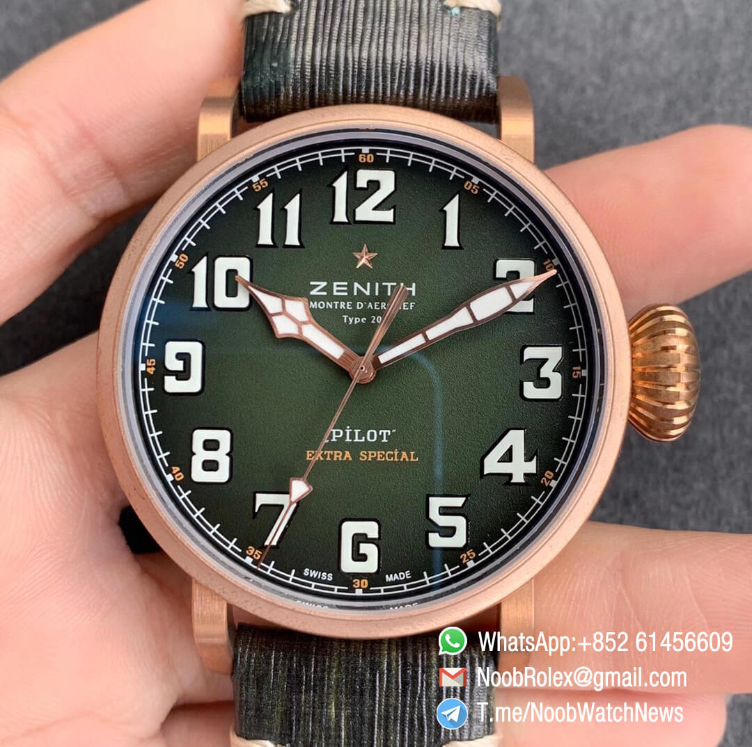 XF SuperClone Watch Pilot Type 20 Extra Special Bronze Case Green Dial on Green Leather Strap A2824 01