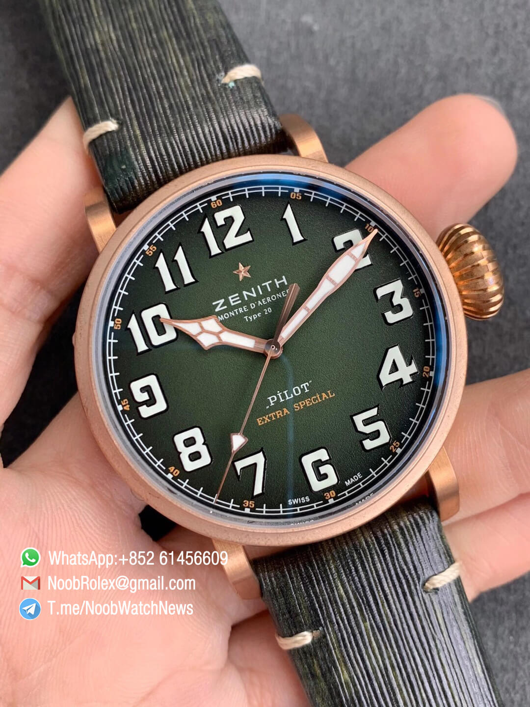 XF SuperClone Watch Pilot Type 20 Extra Special Bronze Case Green Dial on Green Leather Strap A2824 02