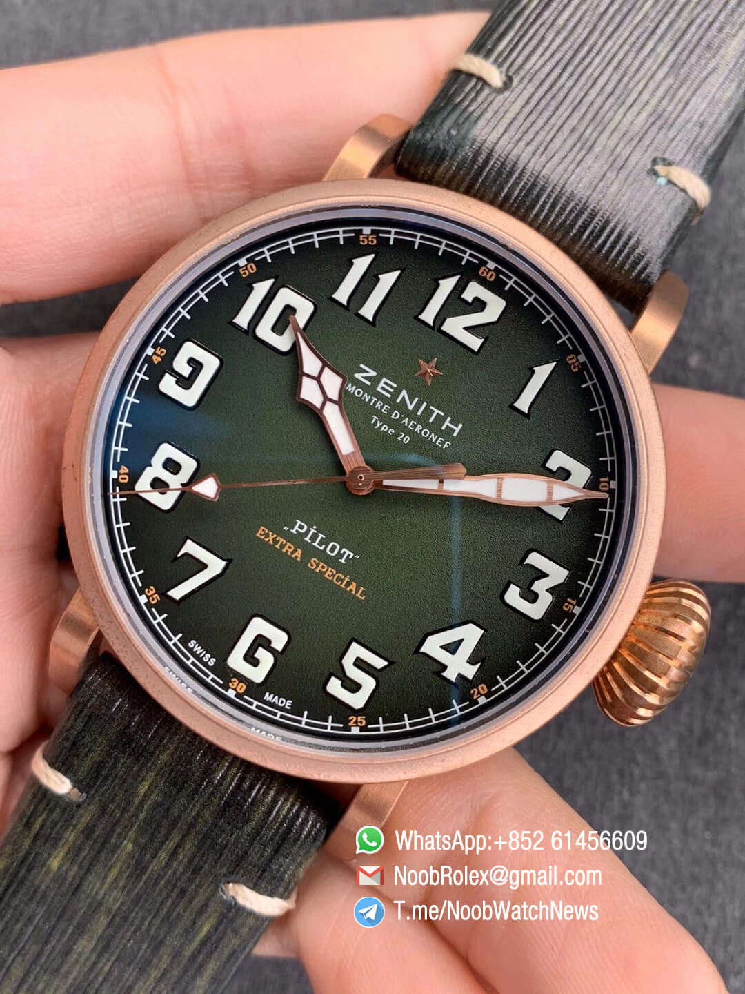 XF SuperClone Watch Pilot Type 20 Extra Special Bronze Case Green Dial on Green Leather Strap A2824 03