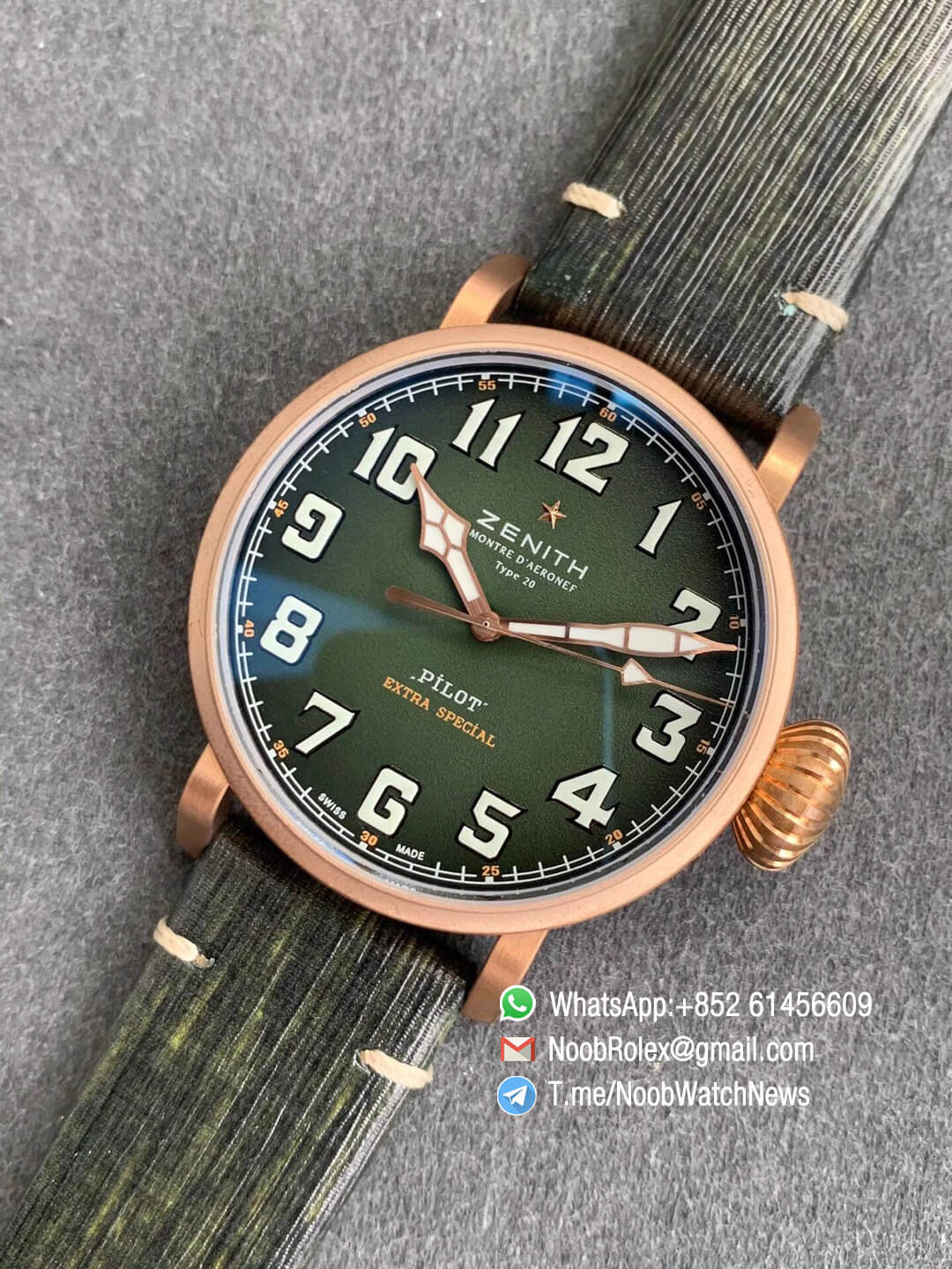 XF SuperClone Watch Pilot Type 20 Extra Special Bronze Case Green Dial on Green Leather Strap A2824 09